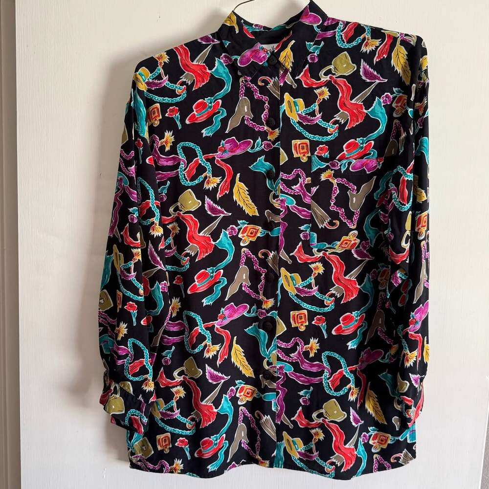 Vintage Diane von Furstenberg DVF Novelty Print Blouse Size 10 Hats Purses Heels - Picture 2 of 8